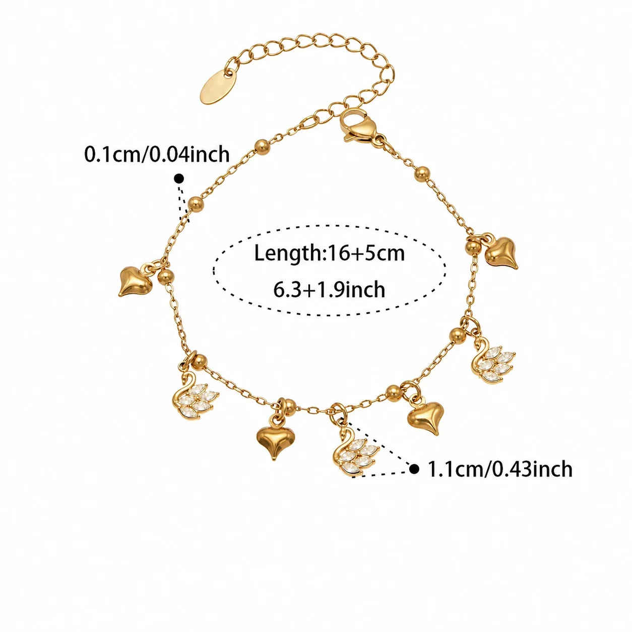 Ornate CZ Flower Station 18K Gold-Plated Bracelet - Gold Heart CZ 16+5 cm