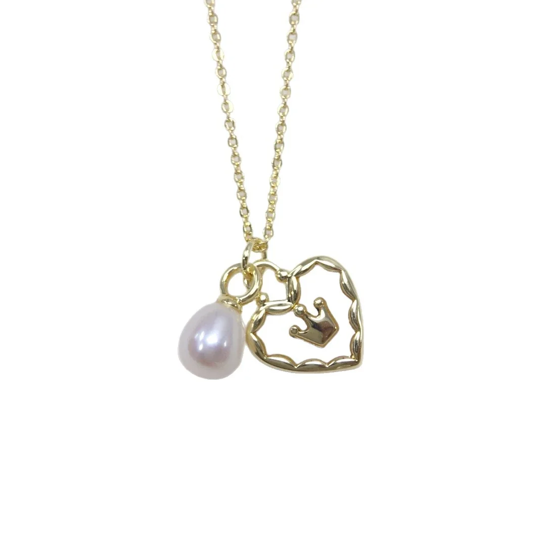 Regal Gold-Plated Heart Crown Teardrop Pearl Pendant Necklace