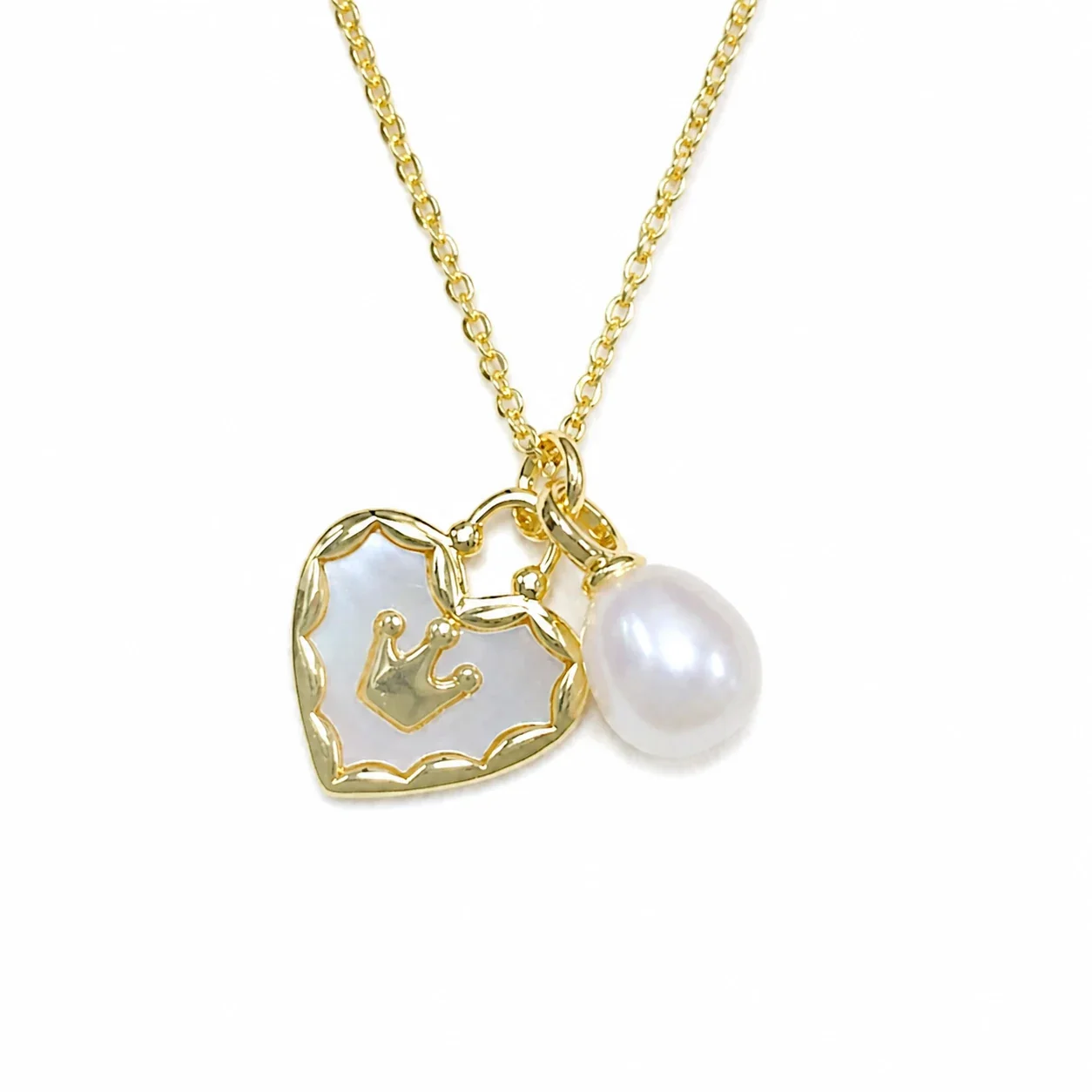 Regal Gold-Plated Heart Crown Teardrop Pearl Pendant Necklace