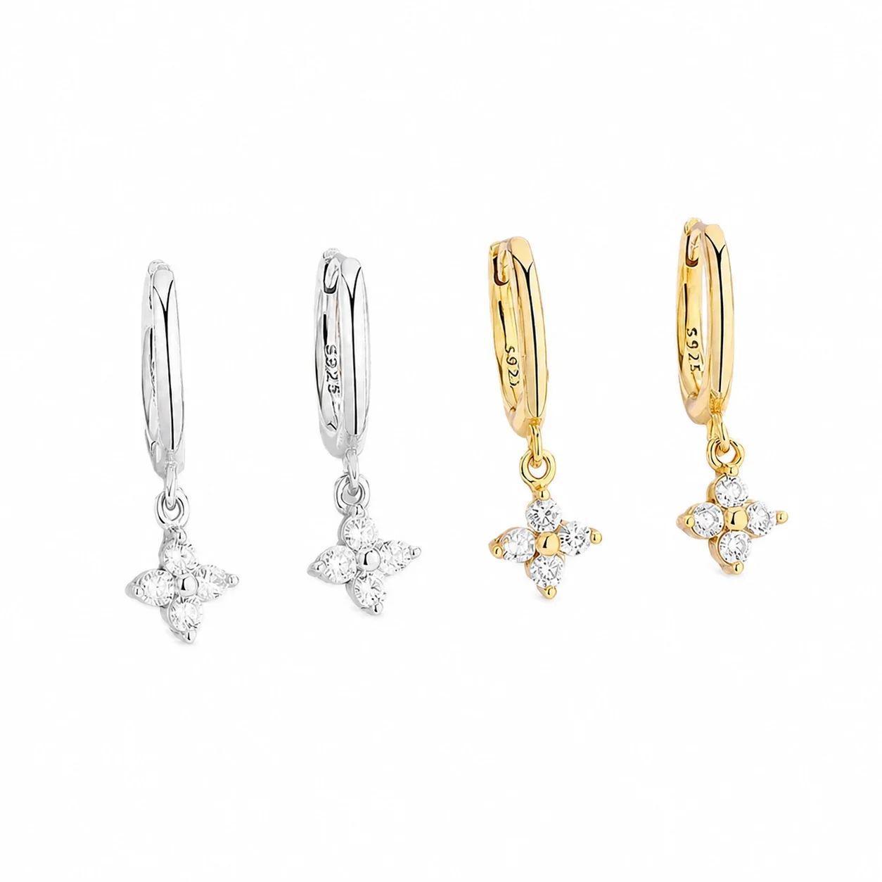 Clear Crystal Clover 925 Sterling Silver Huggie Drop Earrings