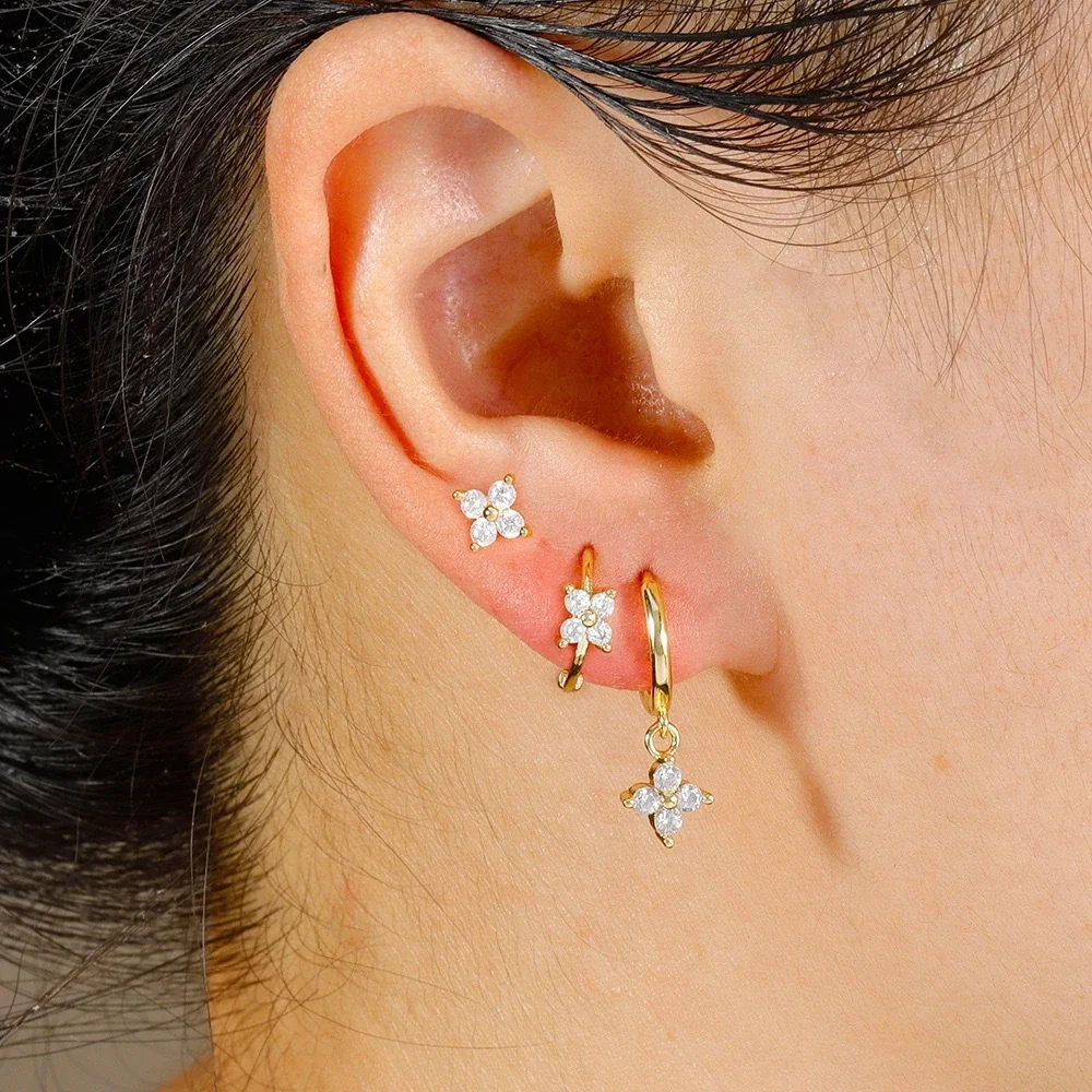 Clear Crystal Clover 925 Sterling Silver Huggie Drop Earrings