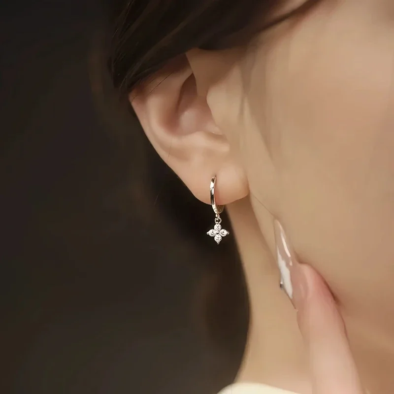 Clear Crystal Clover 925 Sterling Silver Huggie Drop Earrings