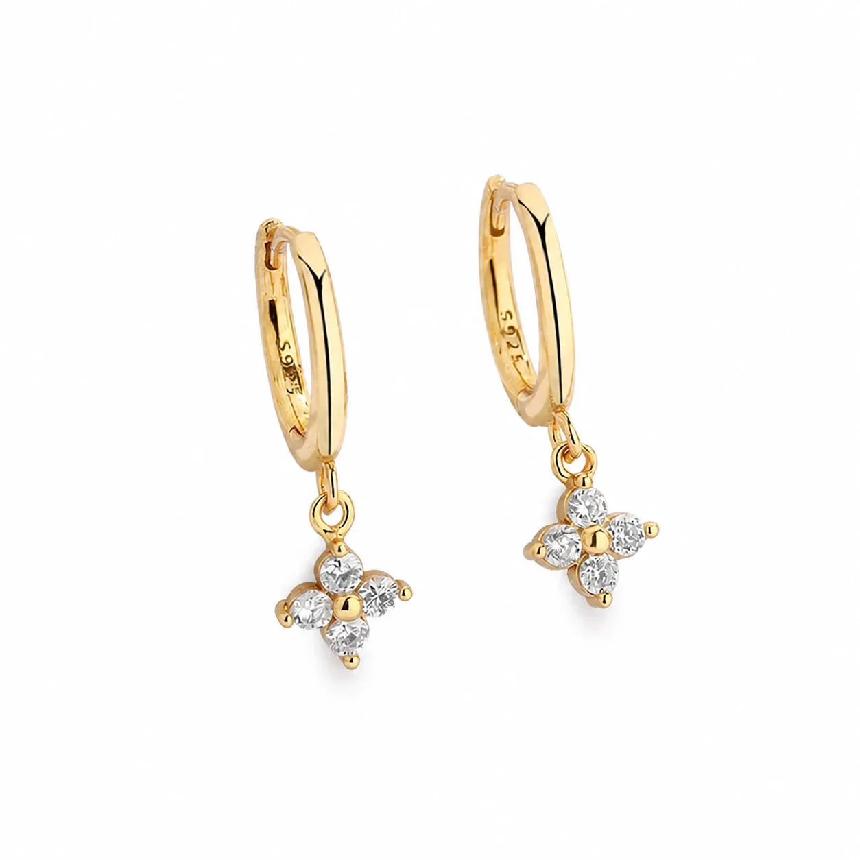 Clear Crystal Clover 925 Sterling Silver Huggie Drop Earrings