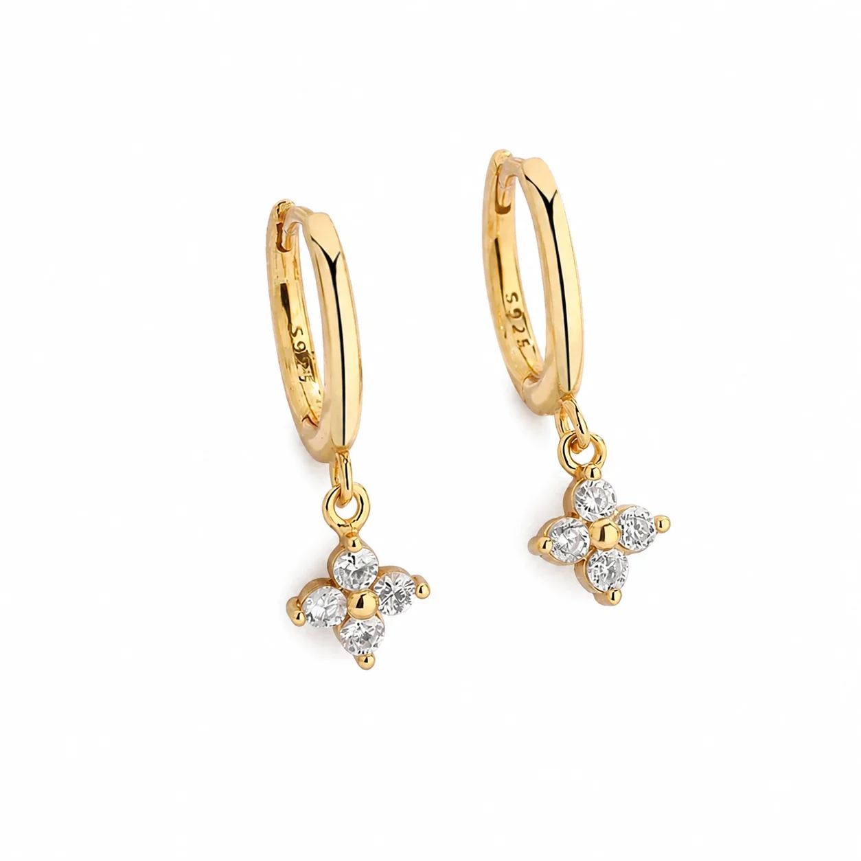 Clear Crystal Clover 925 Sterling Silver Huggie Drop Earrings - Gold