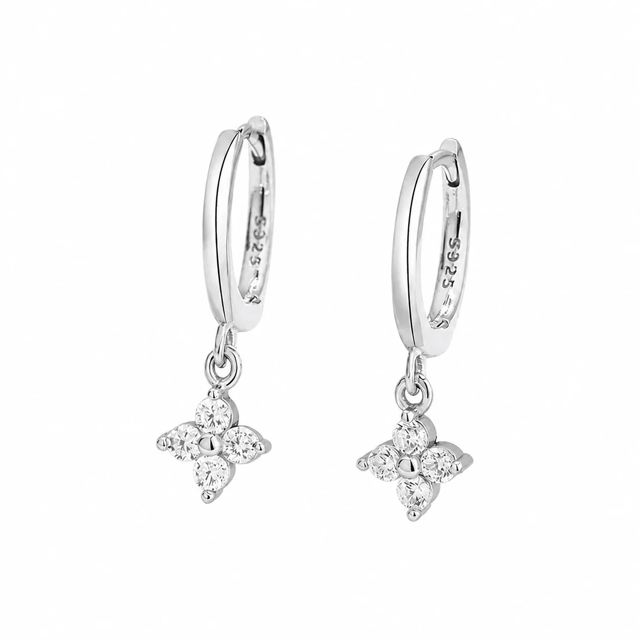 Clear Crystal Clover 925 Sterling Silver Huggie Drop Earrings - Silver
