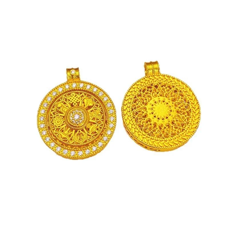 Ornate Gold-Plated Brass Compass Filigree Stone Necklace