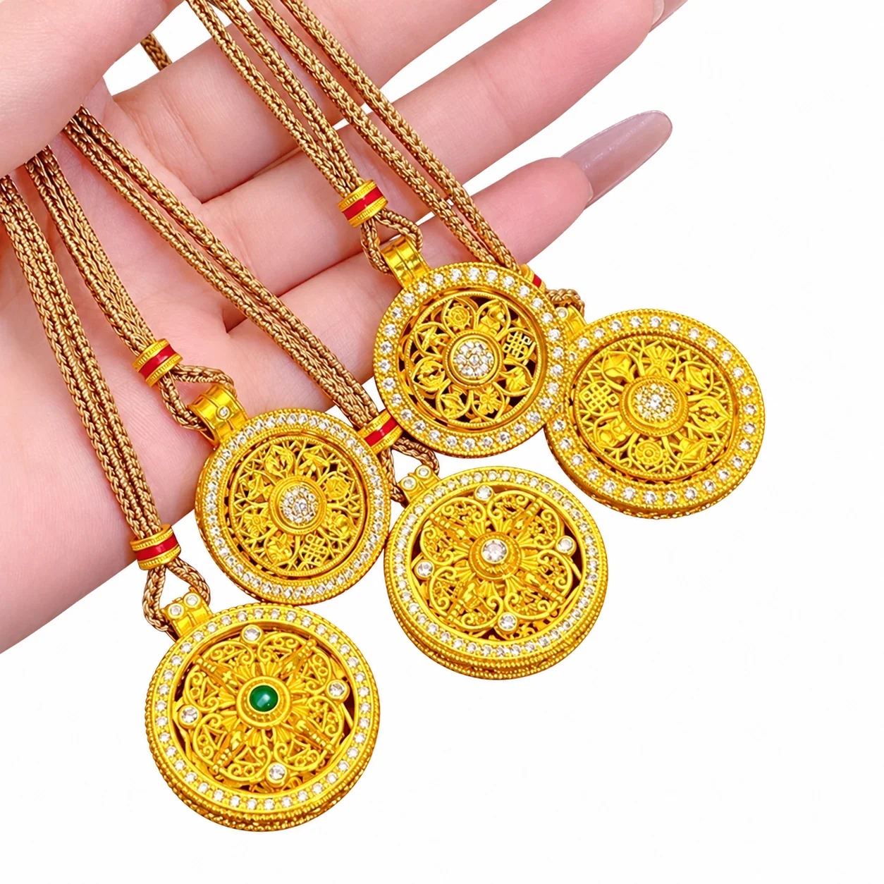 Ornate Gold-Plated Brass Compass Filigree Stone Necklace