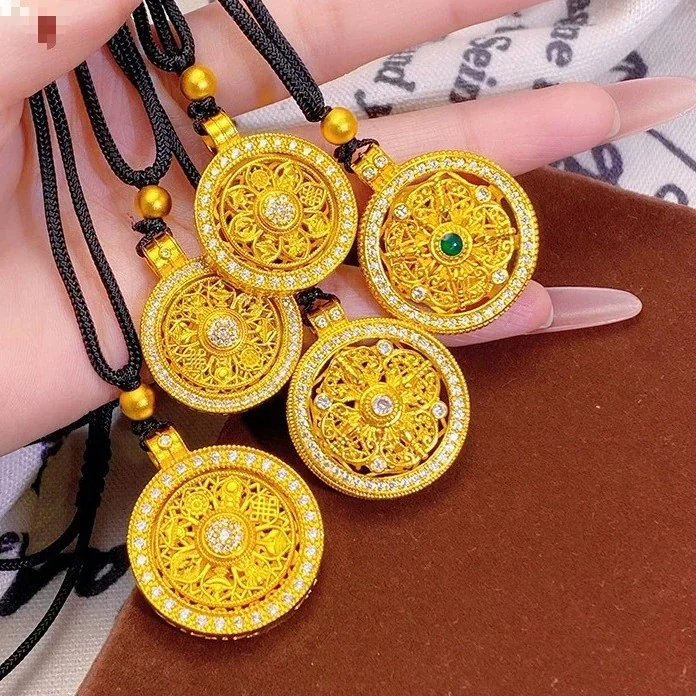 Ornate Gold-Plated Brass Compass Filigree Stone Necklace