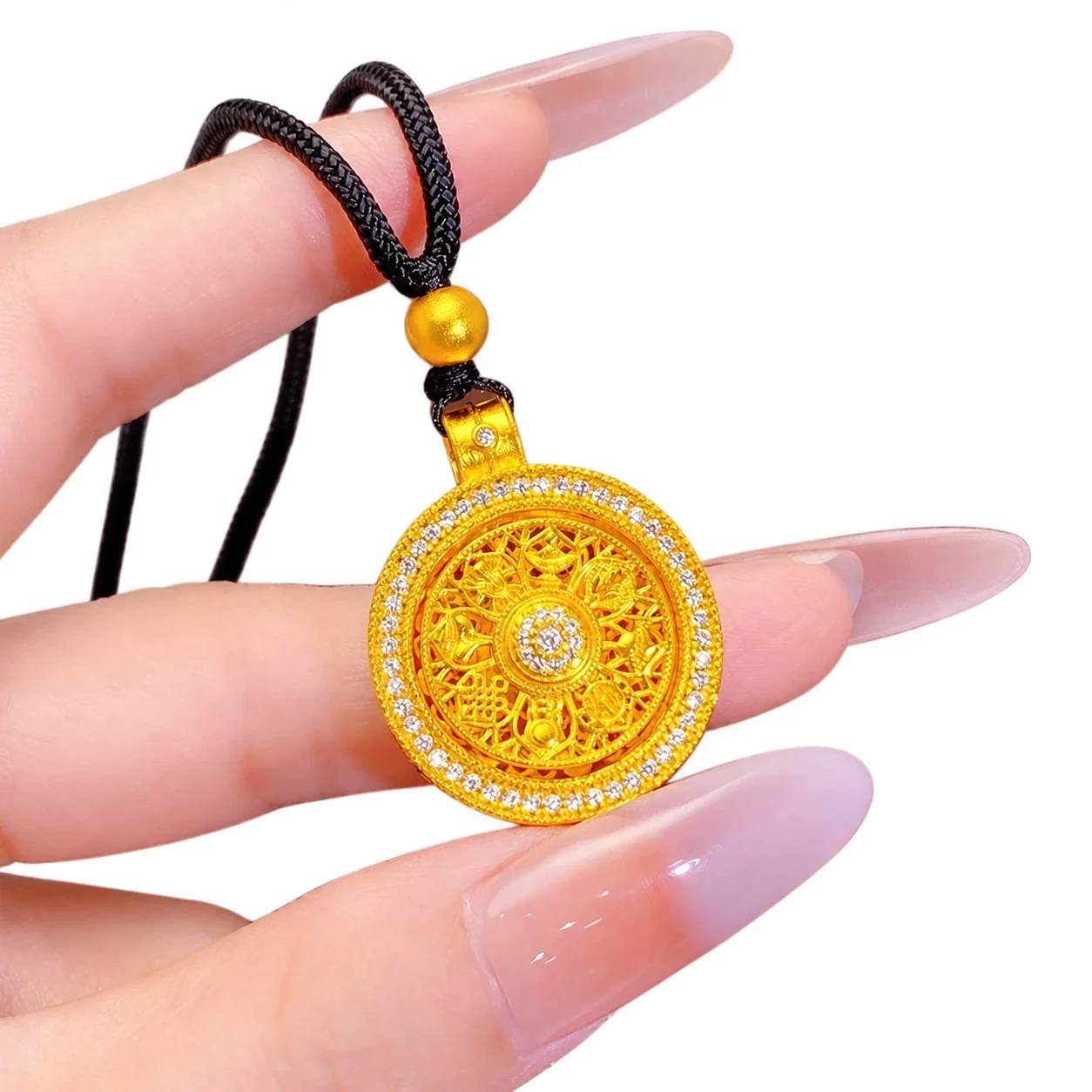Ornate Gold-Plated Brass Compass Filigree Stone Necklace - Small Compass with Black Cord