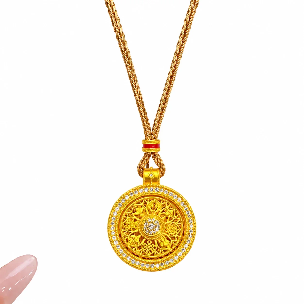 Ornate Gold-Plated Brass Compass Filigree Stone Necklace - Small Compass with Brown Braided Cord