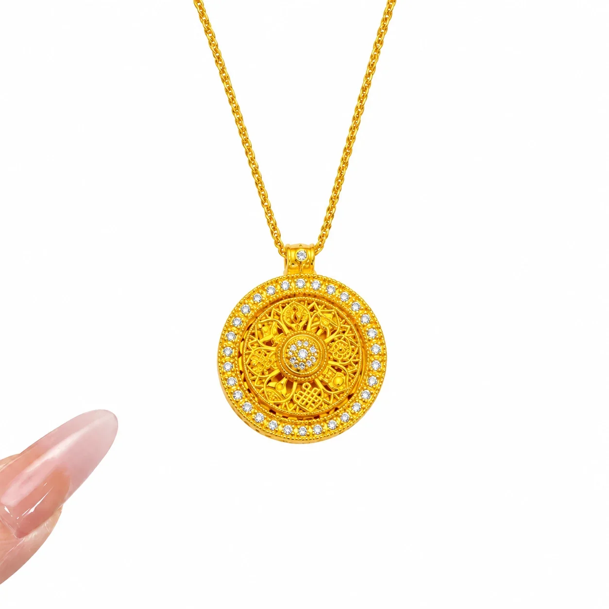 Ornate Gold-Plated Brass Compass Filigree Stone Necklace - Small Compass with Box