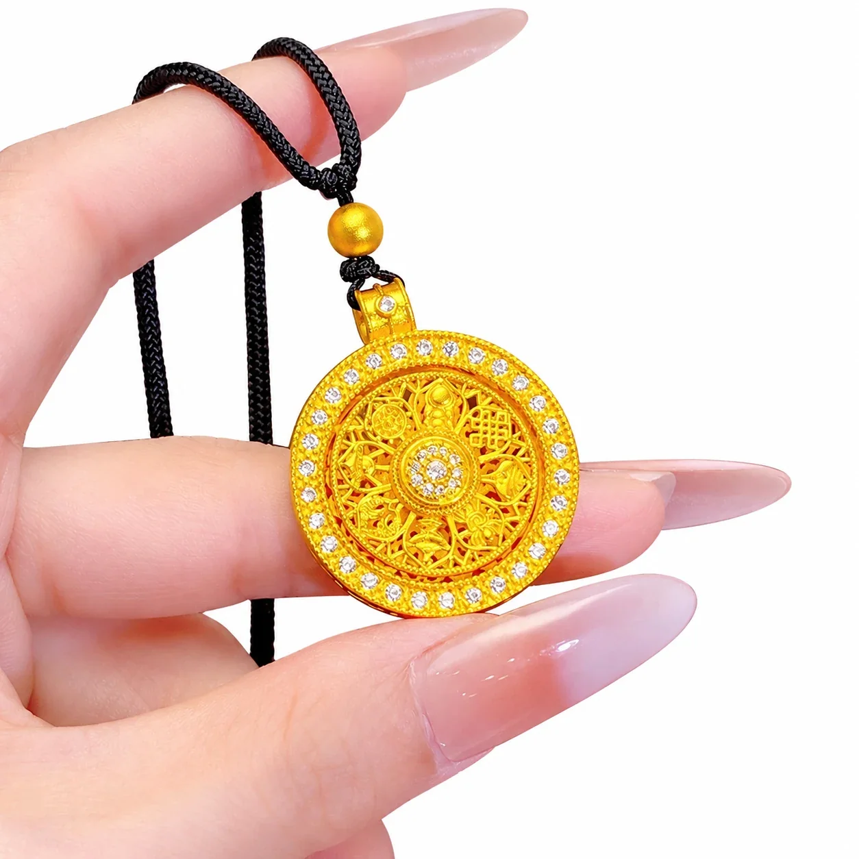Ornate Gold-Plated Brass Compass Filigree Stone Necklace - Large Compass with Black Cord