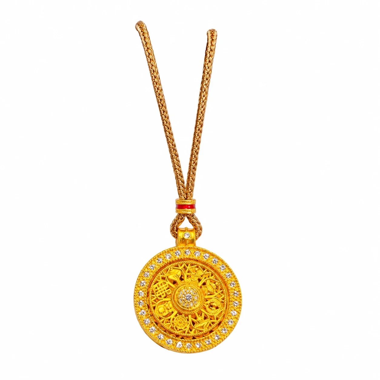 Ornate Gold-Plated Brass Compass Filigree Stone Necklace - Large Compass with Brown Braided Cord