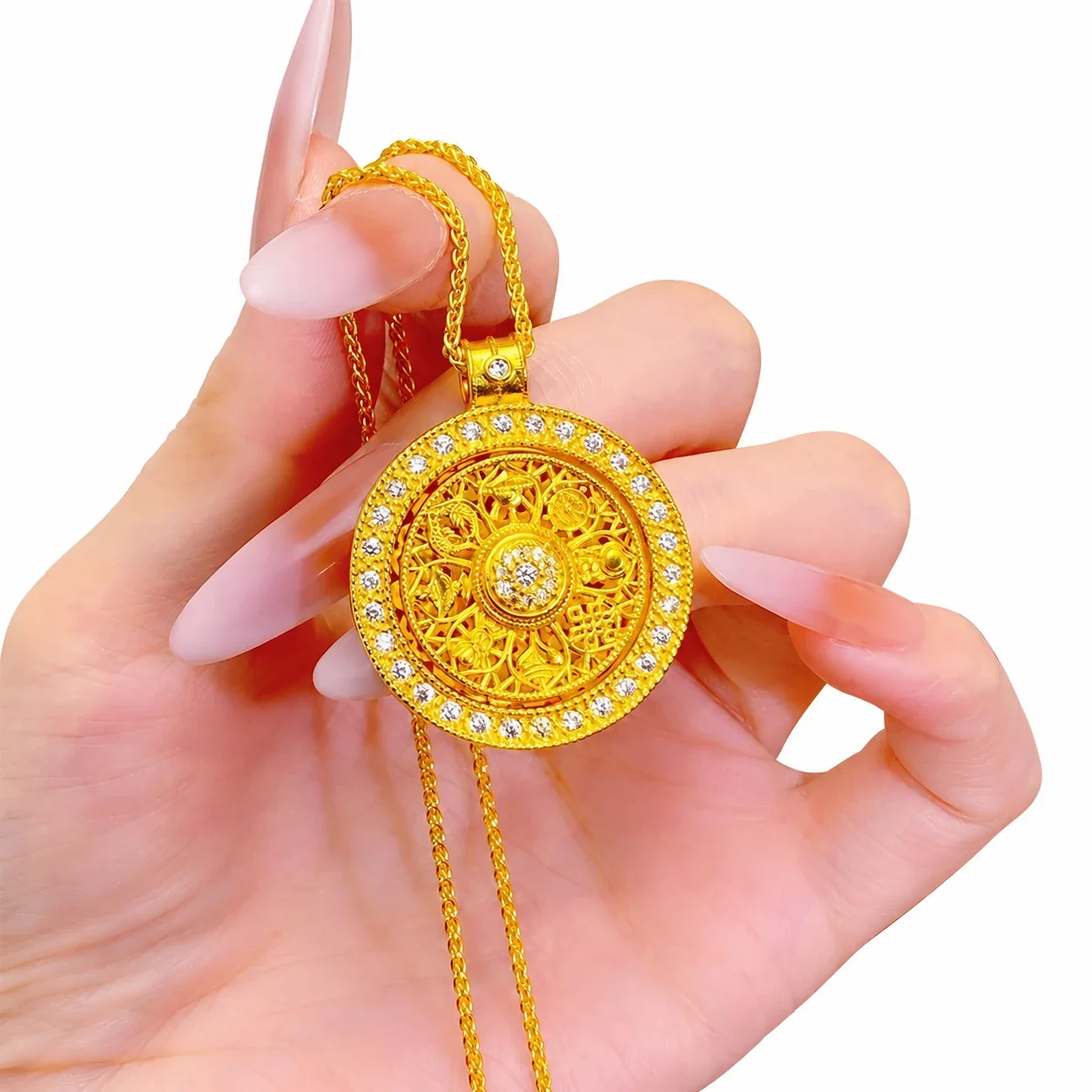 Ornate Gold-Plated Brass Compass Filigree Stone Necklace - Large Compass with Box
