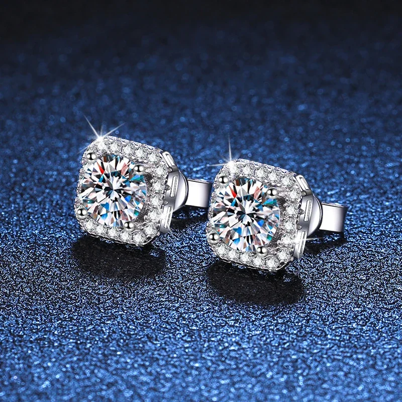Radiant Round Halo 925 Sterling Silver Moissanite Stud Earrings