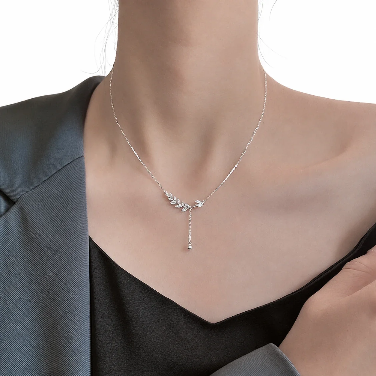 Botanical 925 Sterling Silver Leaf Branch Lariat Necklace