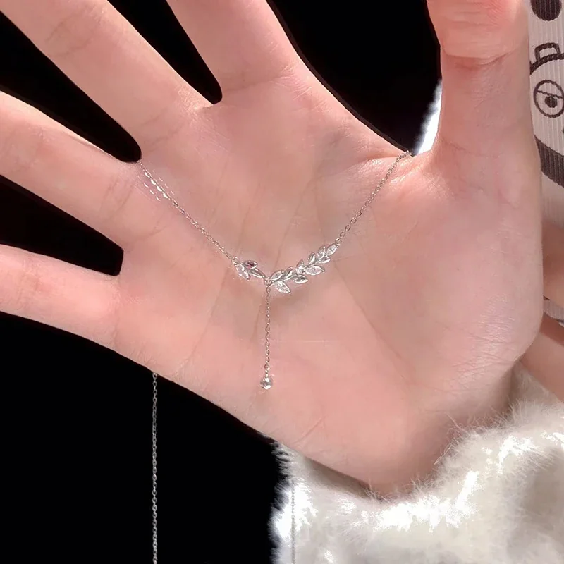 Botanical 925 Sterling Silver Leaf Branch Lariat Necklace