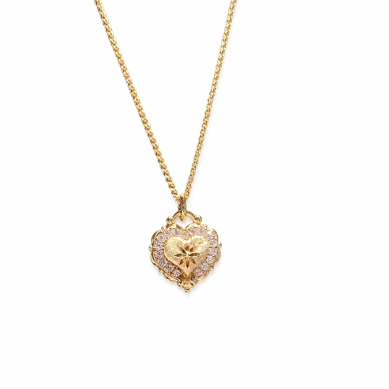 Ornate Gold-Plated Heart Filigree Crystal Copper Necklace