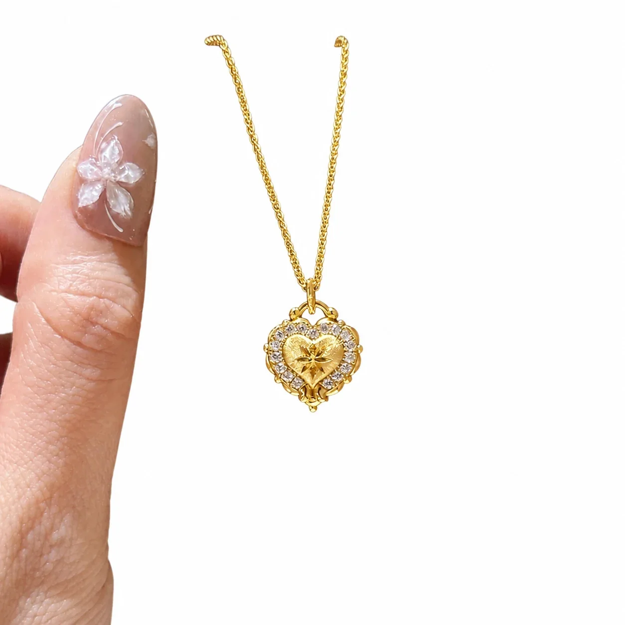 Ornate Gold-Plated Heart Filigree Crystal Copper Necklace
