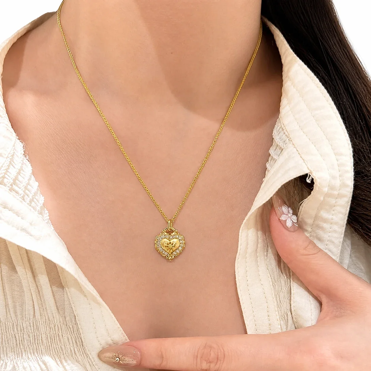 Ornate Gold-Plated Heart Filigree Crystal Copper Necklace