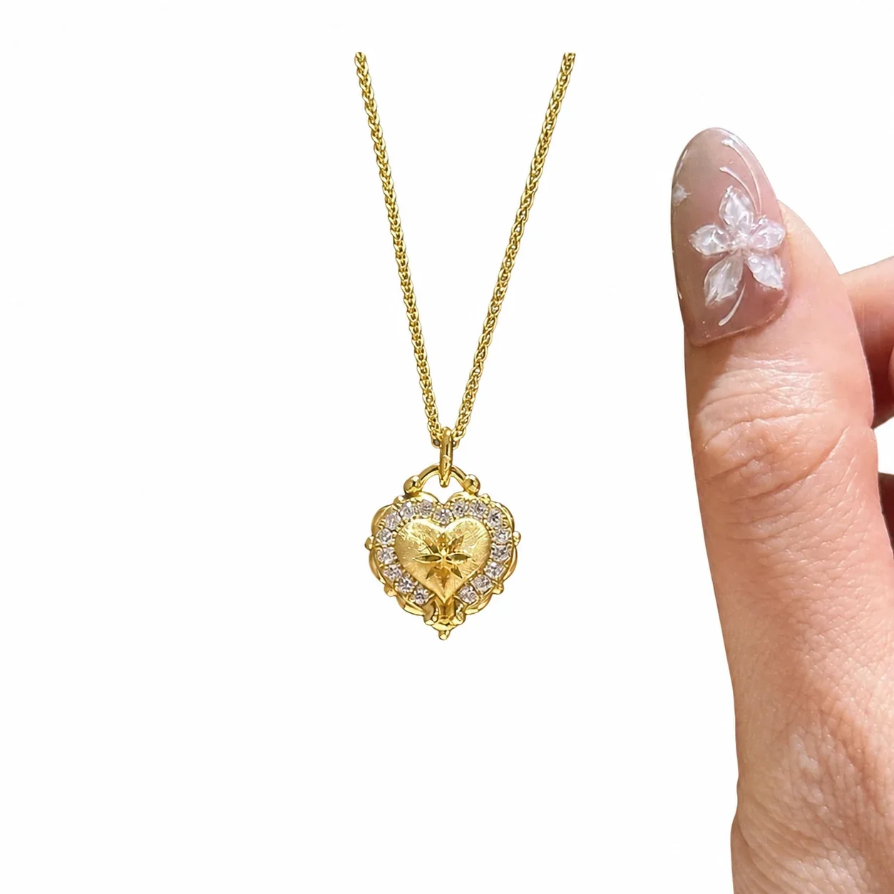 Ornate Gold-Plated Heart Filigree Crystal Copper Necklace