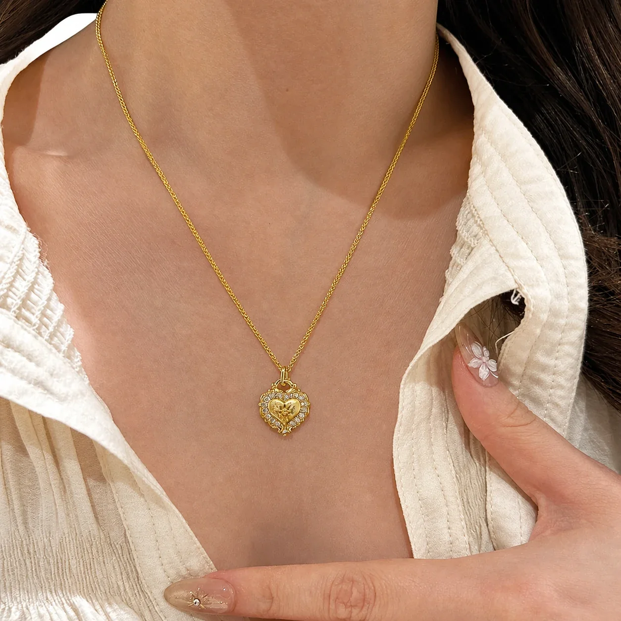 Ornate Gold-Plated Heart Filigree Crystal Copper Necklace