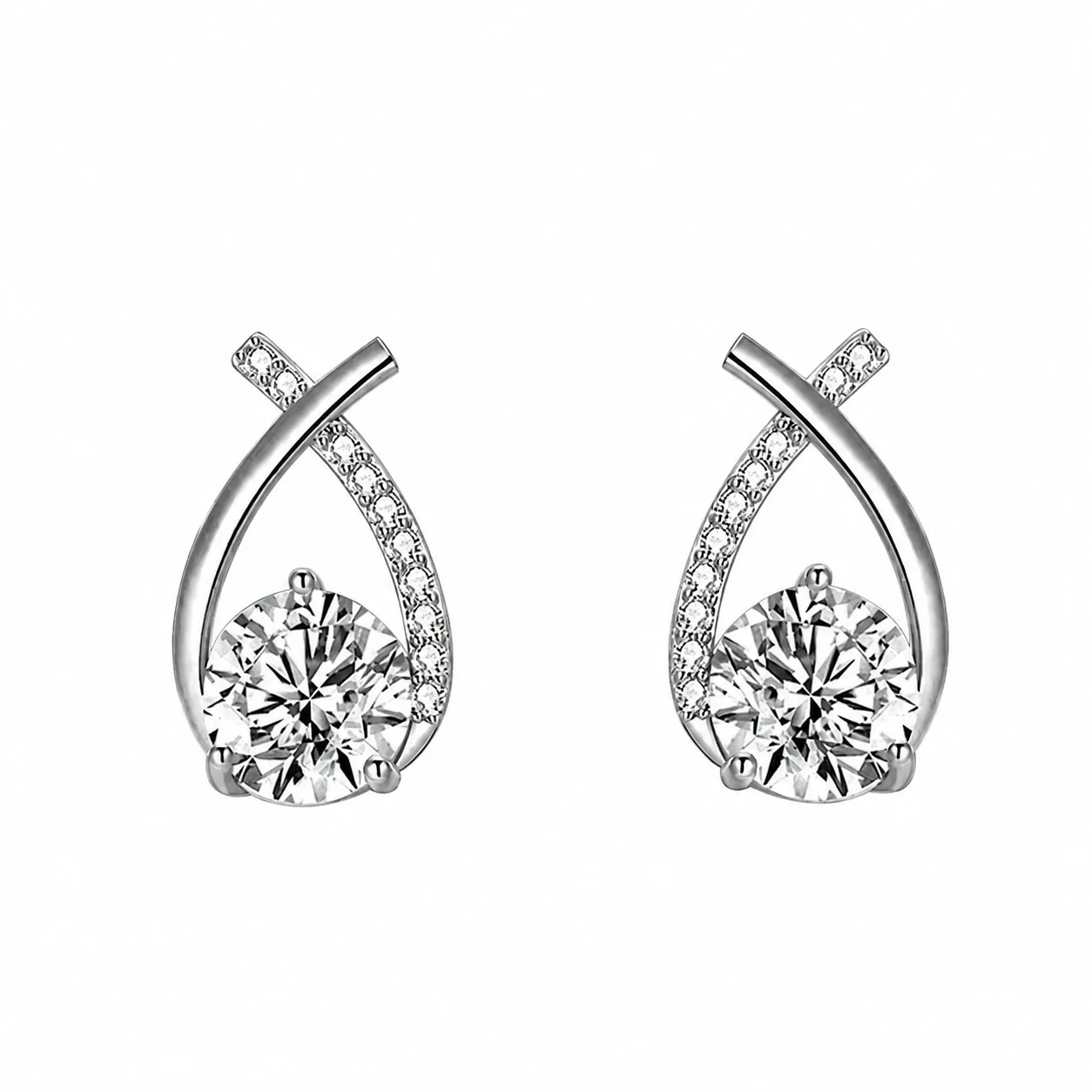 Graceful 925 Sterling Silver Crossed Pavé Tail Stud Earrings