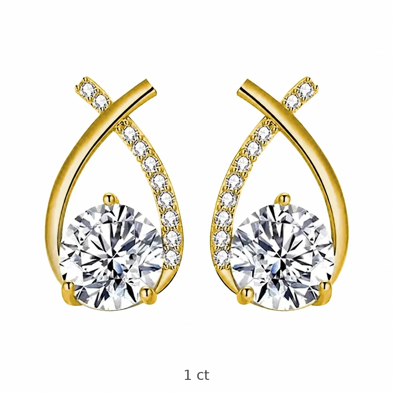 Graceful 925 Sterling Silver Crossed Pavé Tail Stud Earrings - Gold 1 ct Moissanite