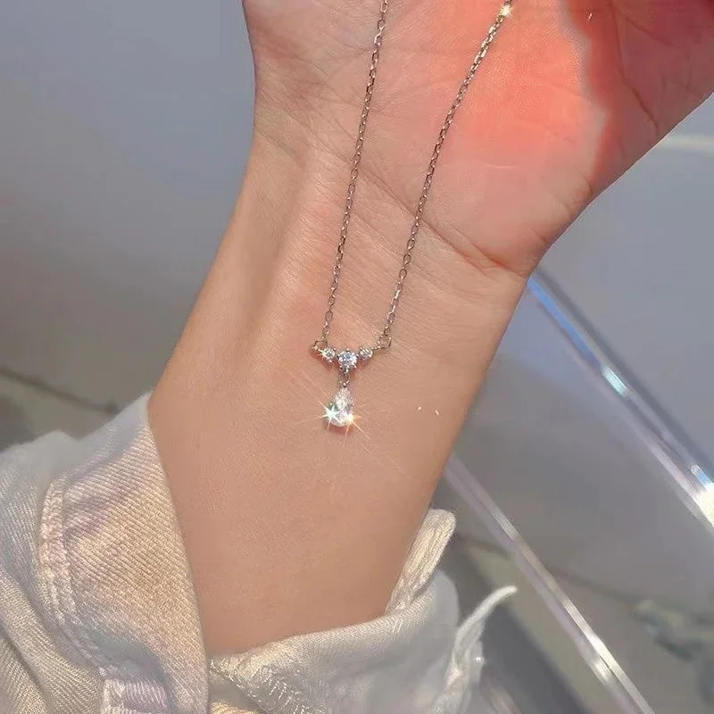Dainty Pear Drop Three-Stone 925 sterling silver Necklace