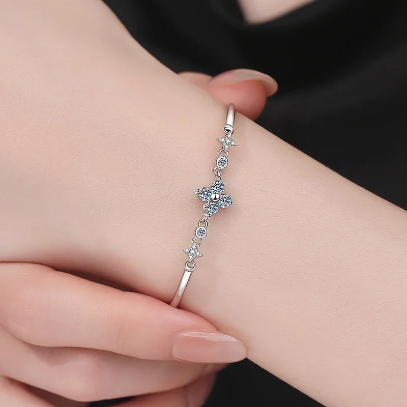 Delicate Polished Star Clover 925 Sterling Silver Bracelet