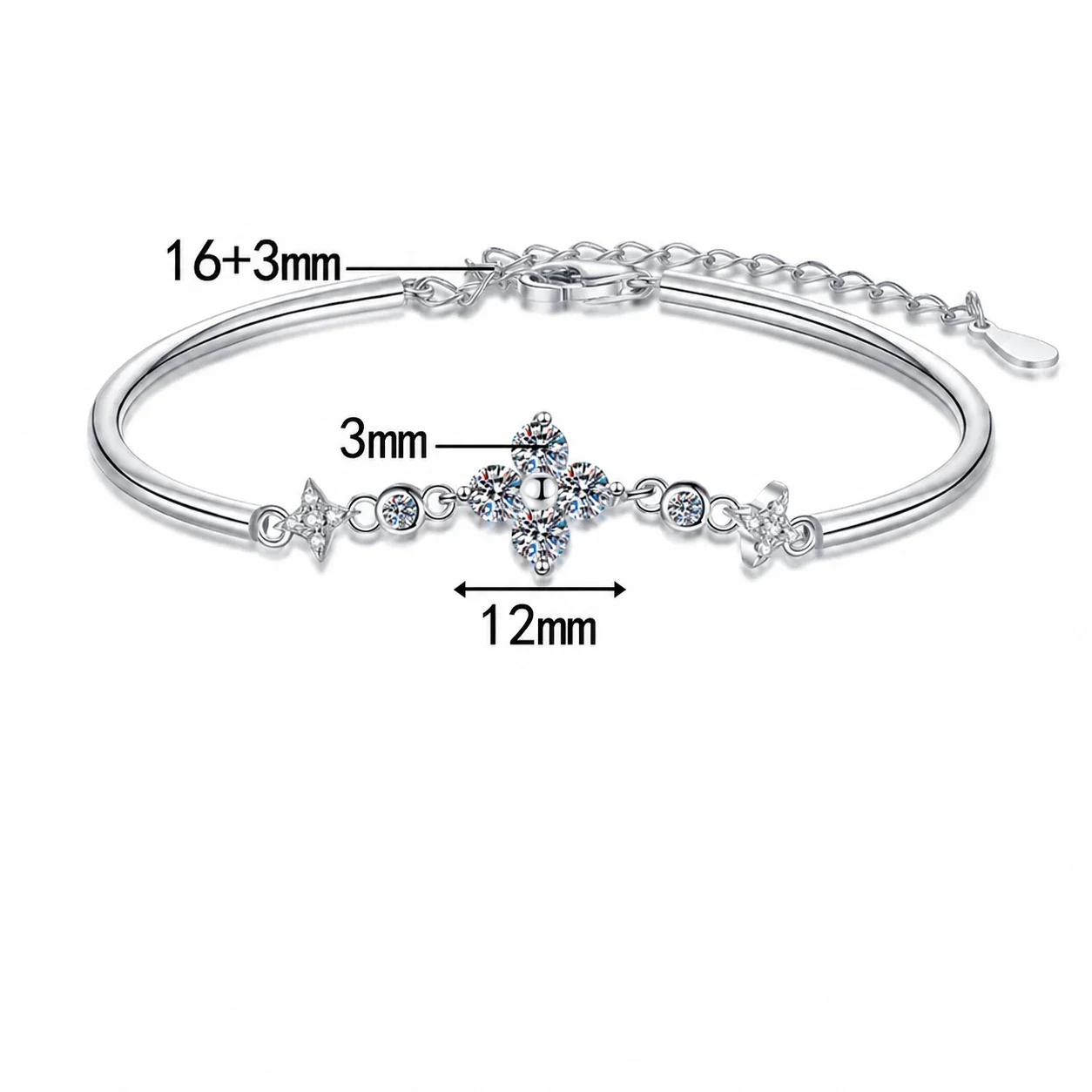 Delicate Polished Star Clover 925 Sterling Silver Bracelet - Moissanite