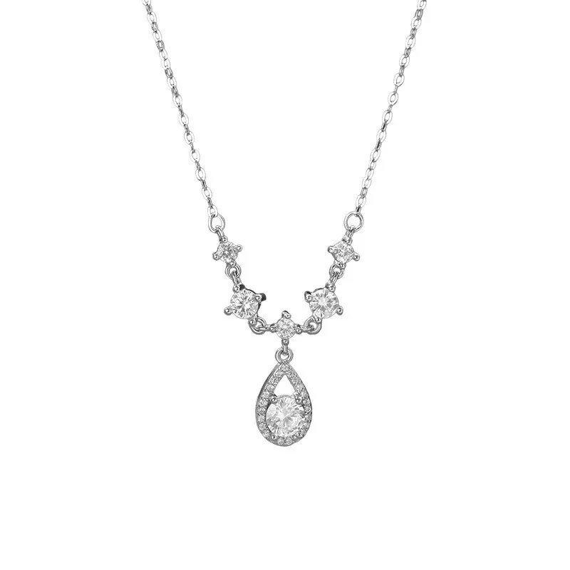 Radiant 925 Sterling Silver Five-Stone CZ Halo Teardrop Necklace