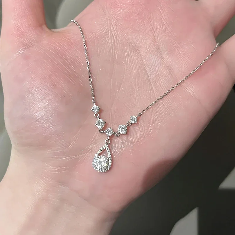 Radiant 925 Sterling Silver Five-Stone CZ Halo Teardrop Necklace