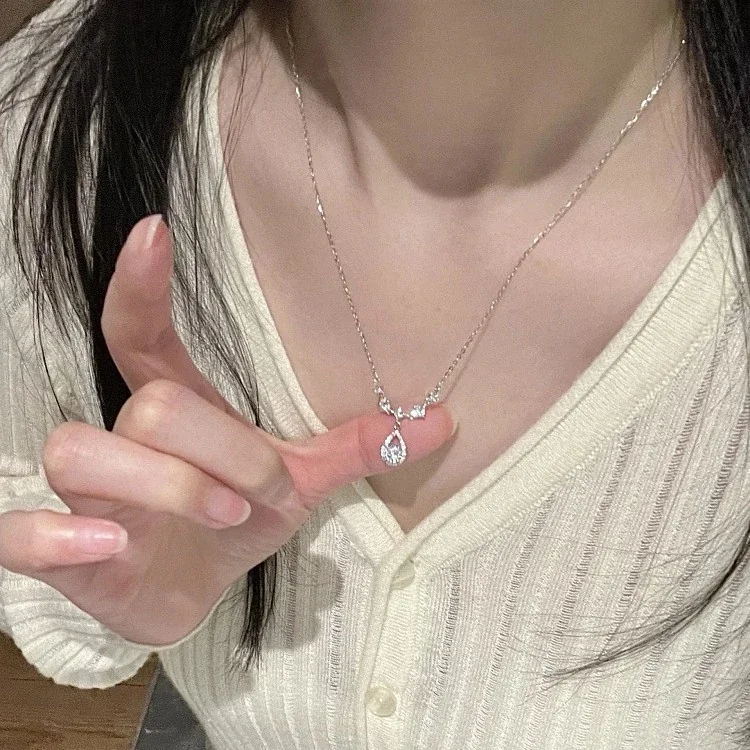 Radiant 925 Sterling Silver Five-Stone CZ Halo Teardrop Necklace