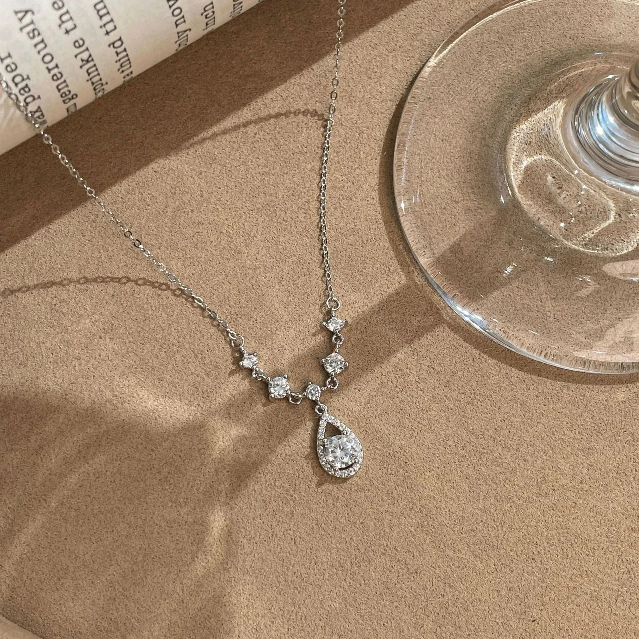 Radiant 925 Sterling Silver Five-Stone CZ Halo Teardrop Necklace