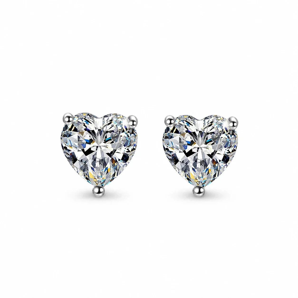 Petite Heart-Cut 925 Sterling Silver Three-Prong Stud Earrings