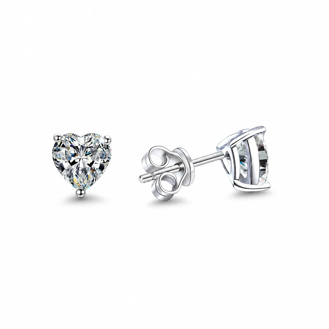 Petite Heart-Cut 925 Sterling Silver Three-Prong Stud Earrings
