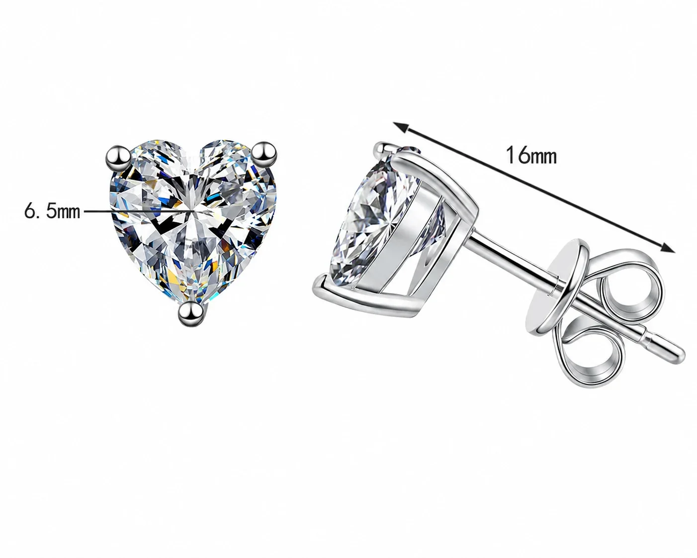 Petite Heart-Cut 925 Sterling Silver Three-Prong Stud Earrings - ct + ct Moissanite