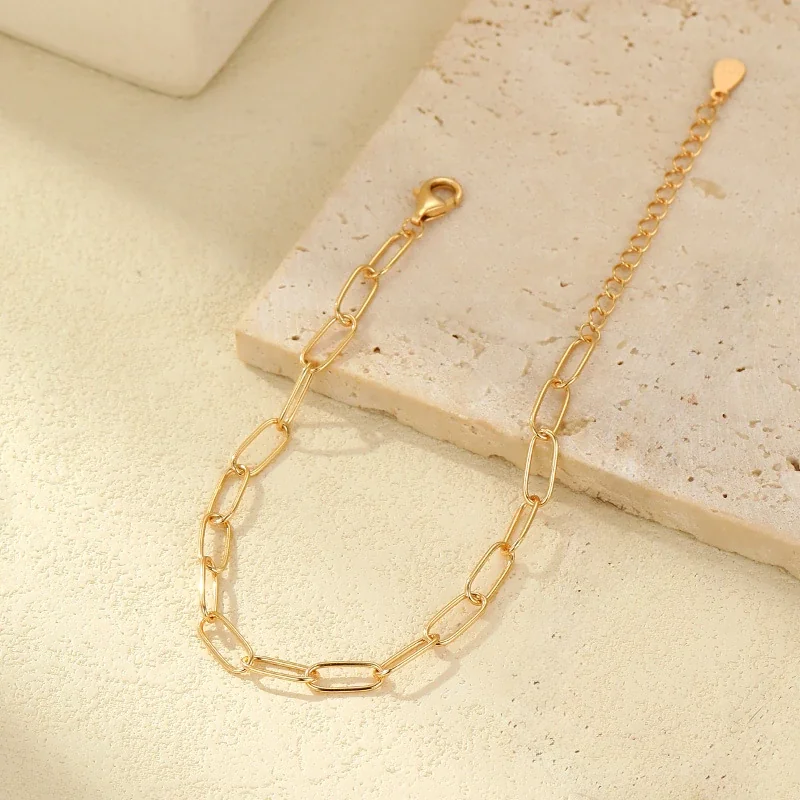 Layered 925 Sterling Silver Paperclip and Curb Chain Bracelets - Champagne Gold Figaro