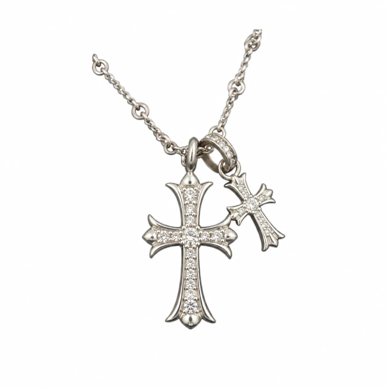 Ornate 925 sterling silver Dual Cross Crystal Necklace - Silver White Crystal