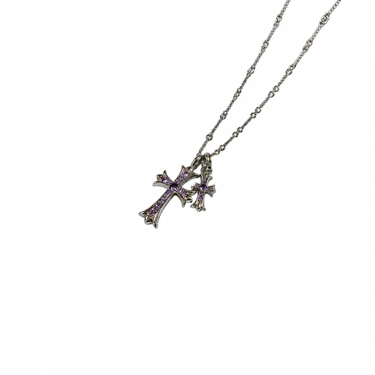 Ornate 925 sterling silver Dual Cross Crystal Necklace - Silver Purple Crystal