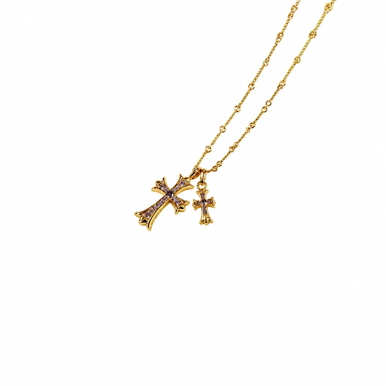 Ornate 925 sterling silver Dual Cross Crystal Necklace - Rose Gold Purple Crystal
