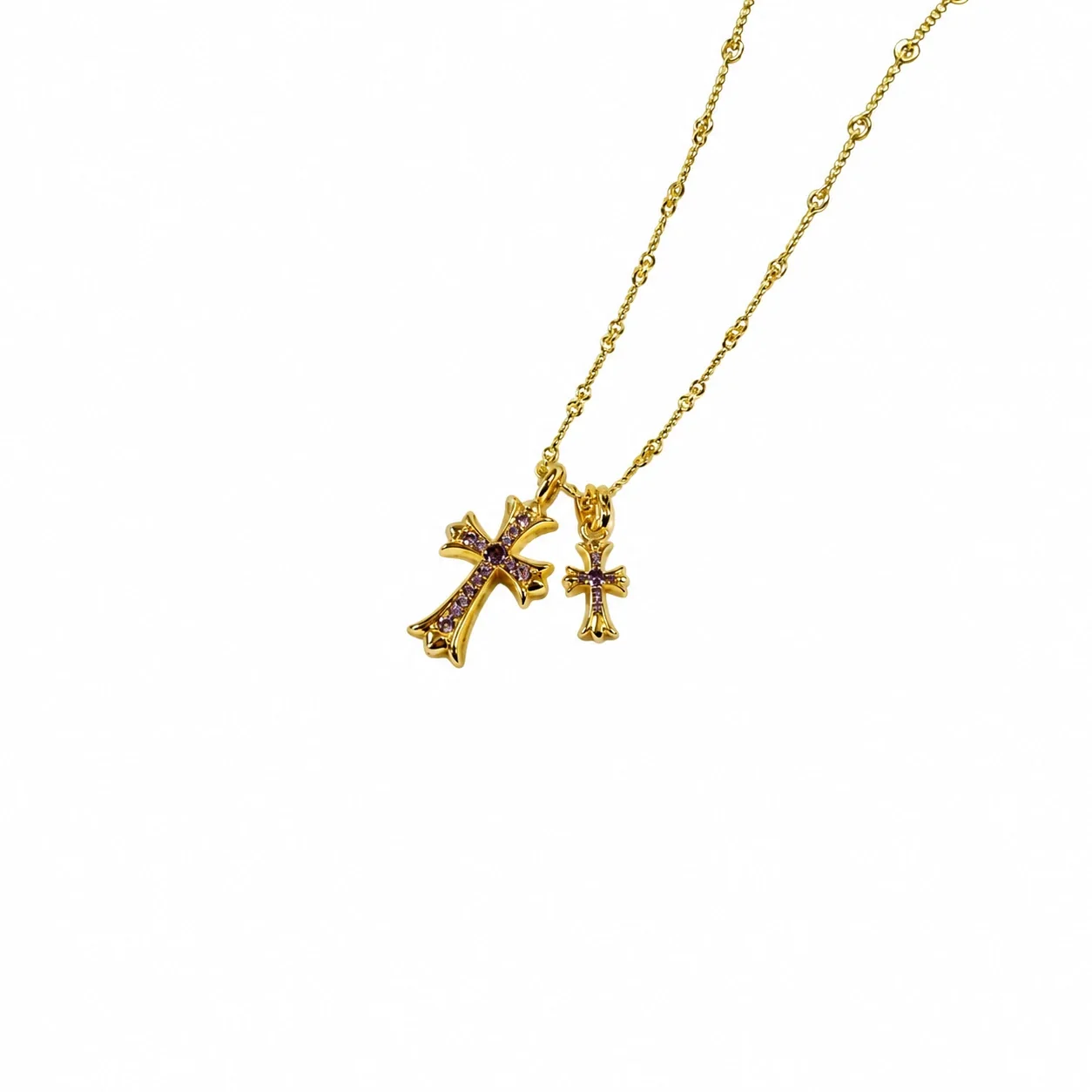 Ornate 925 sterling silver Dual Cross Crystal Necklace - Gold Purple Crystal