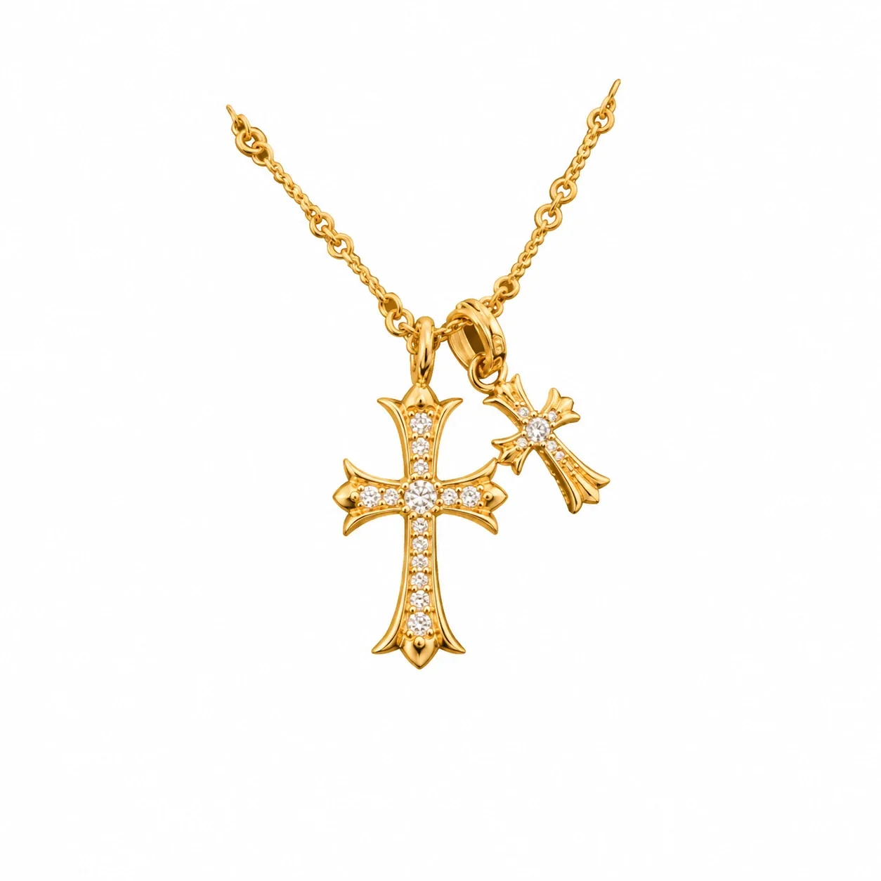 Ornate 925 sterling silver Dual Cross Crystal Necklace - Rose Gold White Crystal