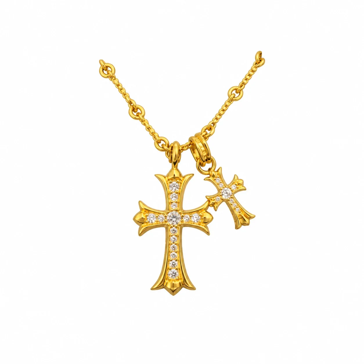 Ornate 925 sterling silver Dual Cross Crystal Necklace - Gold White Crystal