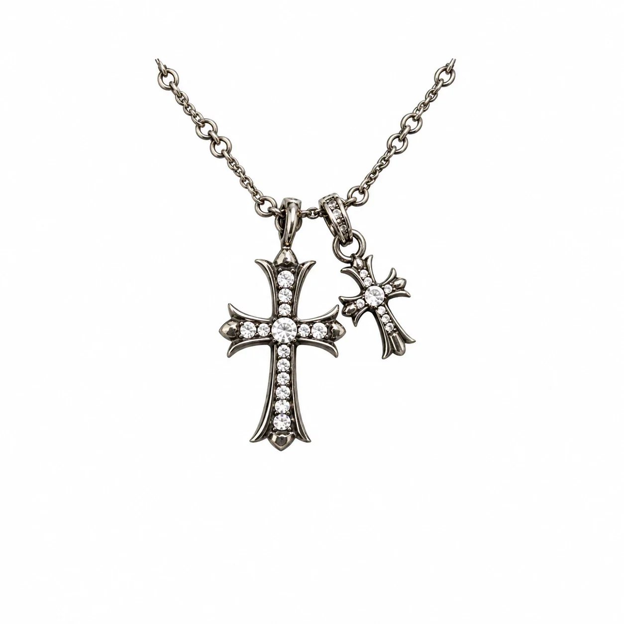 Ornate 925 sterling silver Dual Cross Crystal Necklace - Black Gold White Crystal