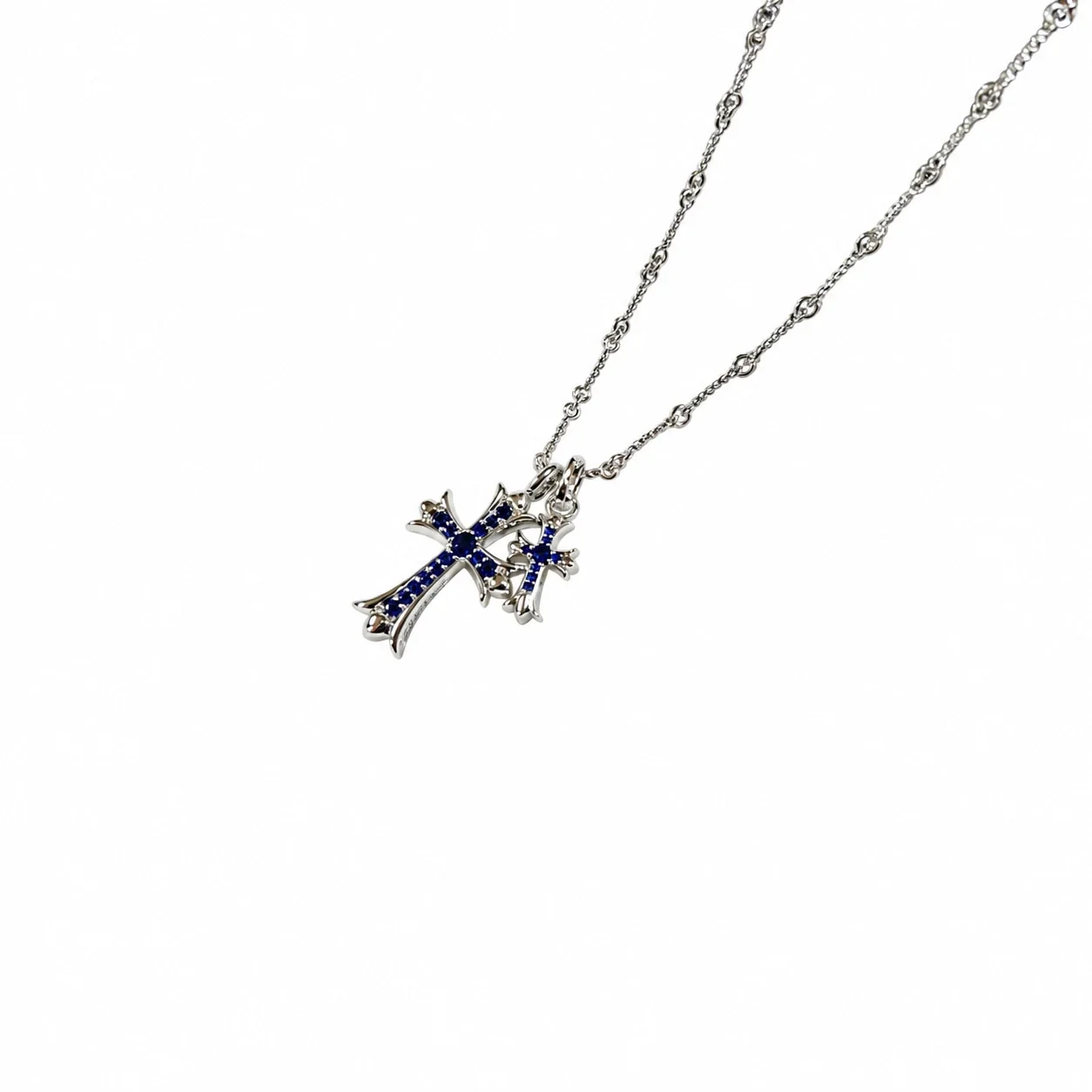 Ornate 925 sterling silver Dual Cross Crystal Necklace - Silver Blue Crystal