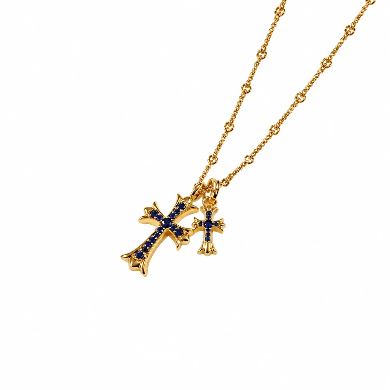 Ornate 925 sterling silver Dual Cross Crystal Necklace - Rose Gold Blue Crystal