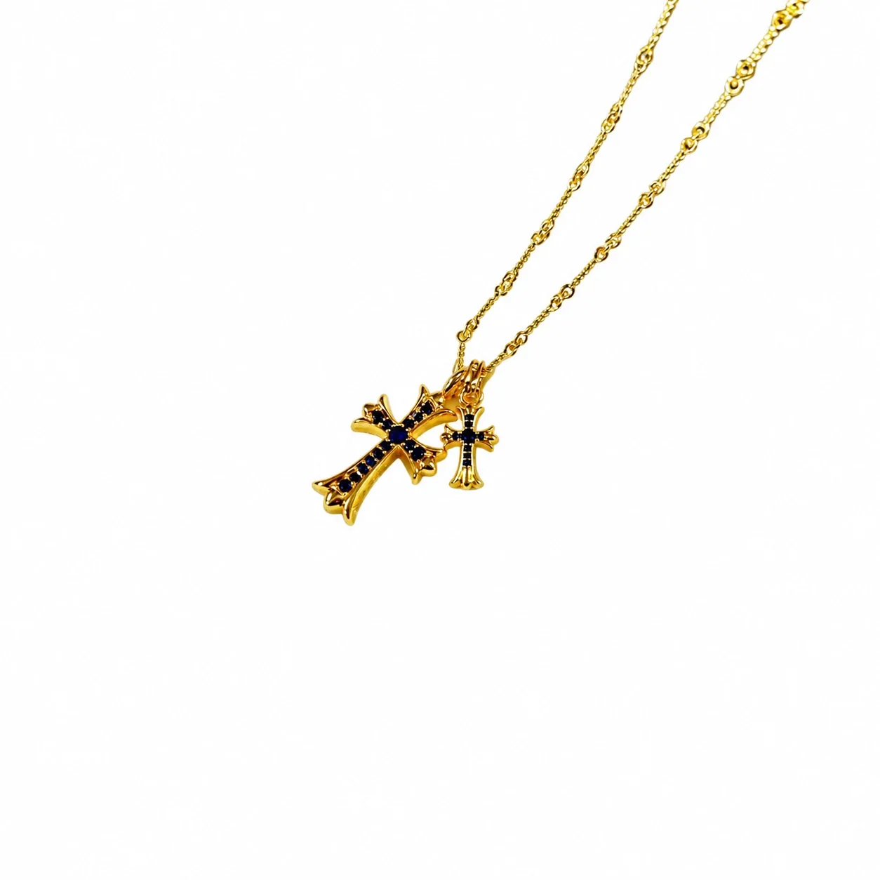 Ornate 925 sterling silver Dual Cross Crystal Necklace - Gold Blue Crystal