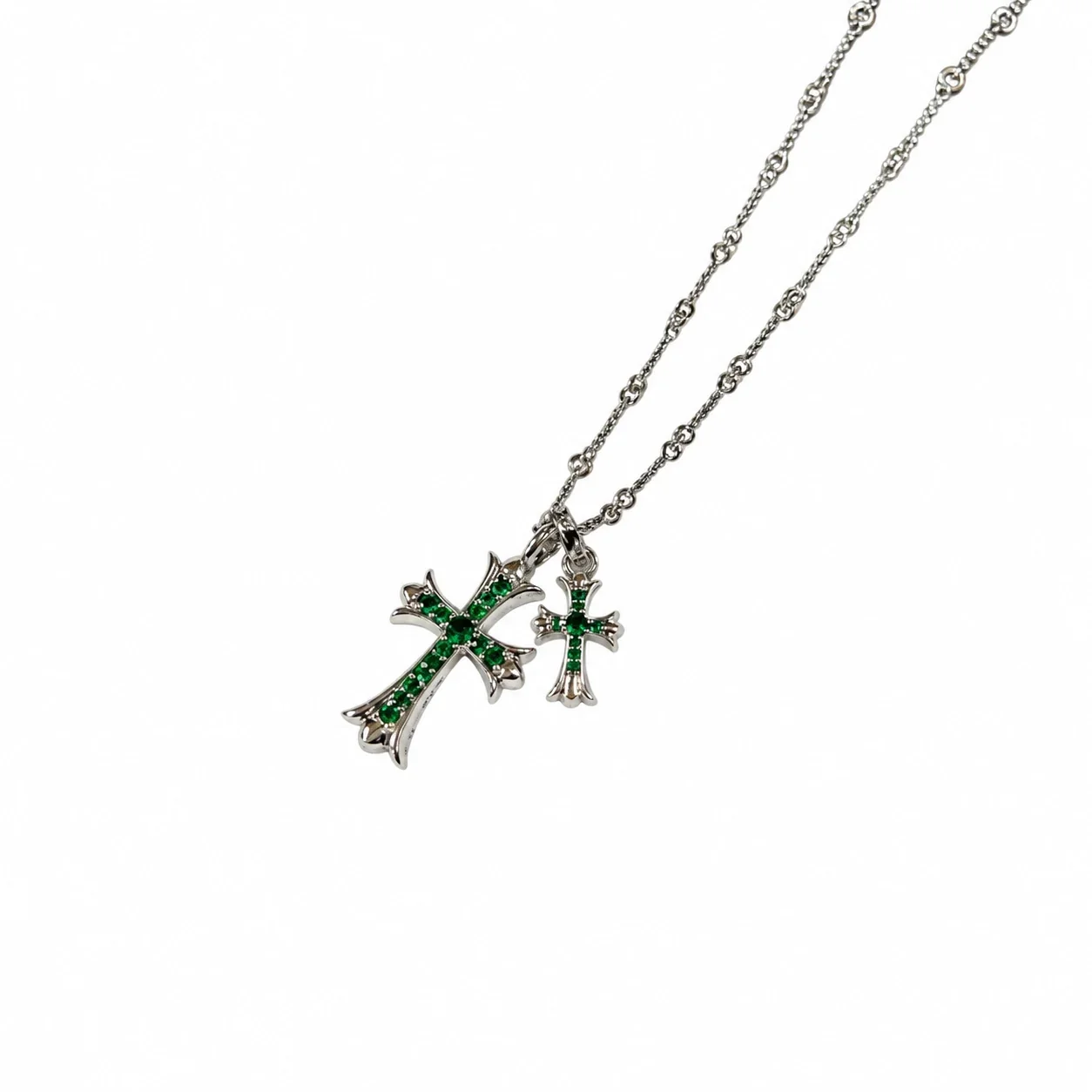 Ornate 925 sterling silver Dual Cross Crystal Necklace - Silver Green Crystal